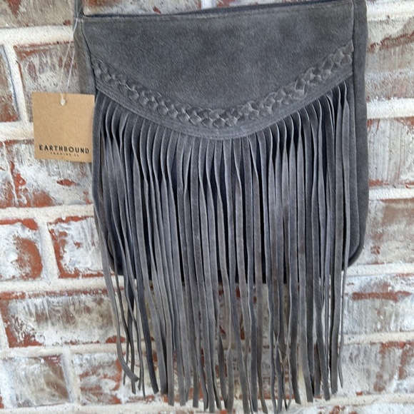 Earthbound Trading Co. Gray Suede Leather Fringe Crossbody Bag - Picture 4 of 9